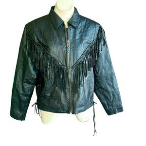 Vintage USA Bikers Dream Apparel Black Leather Biker Moto Jacket With Fringe